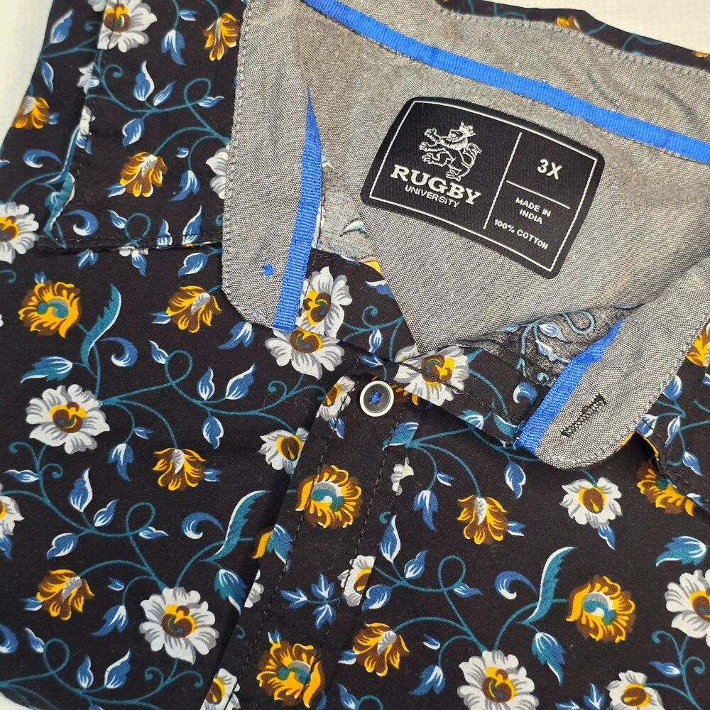 Rugby University Men’s Floral Shirt XXXL 3XL Black Blue Cotton Hawaiian Casual